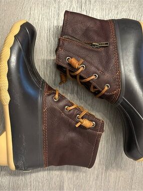 Sperry Brown Leather and Black Duck Boots with Tan Laces